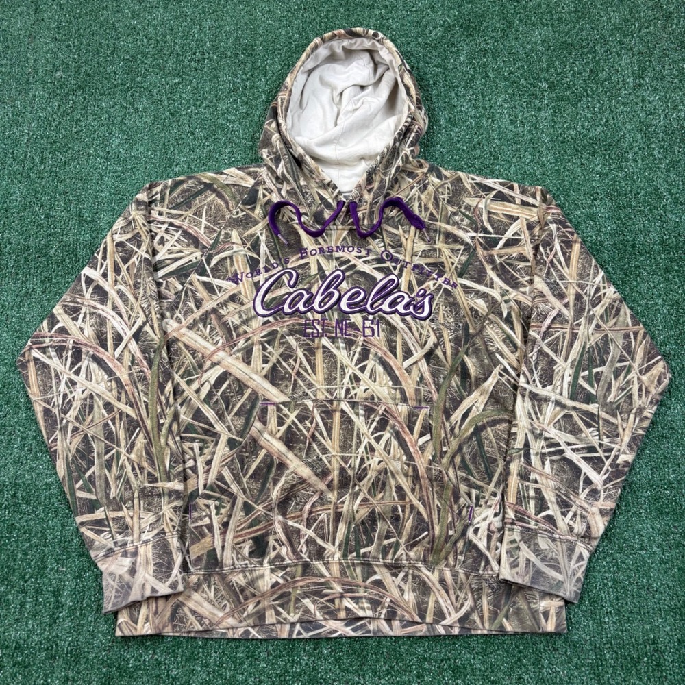 Y2K Cabelas Camo Hoodie Sweatshirt RealTree Max-4 Purple Logo